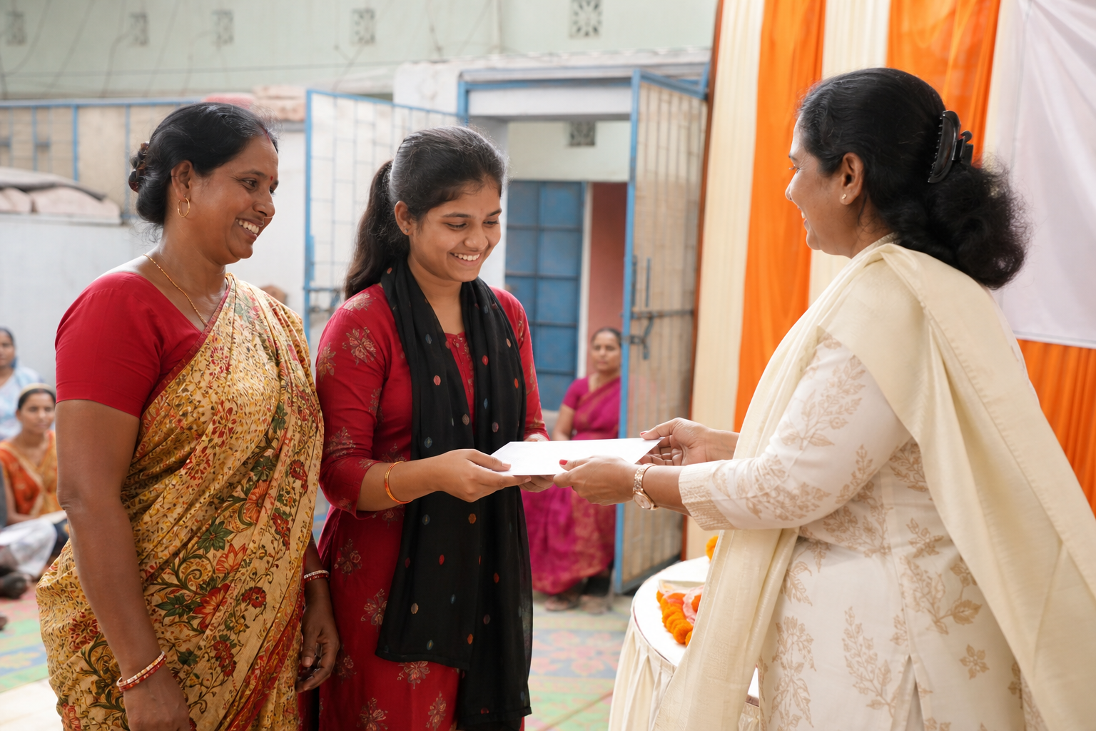 Mother and daughter receiving support at a community event