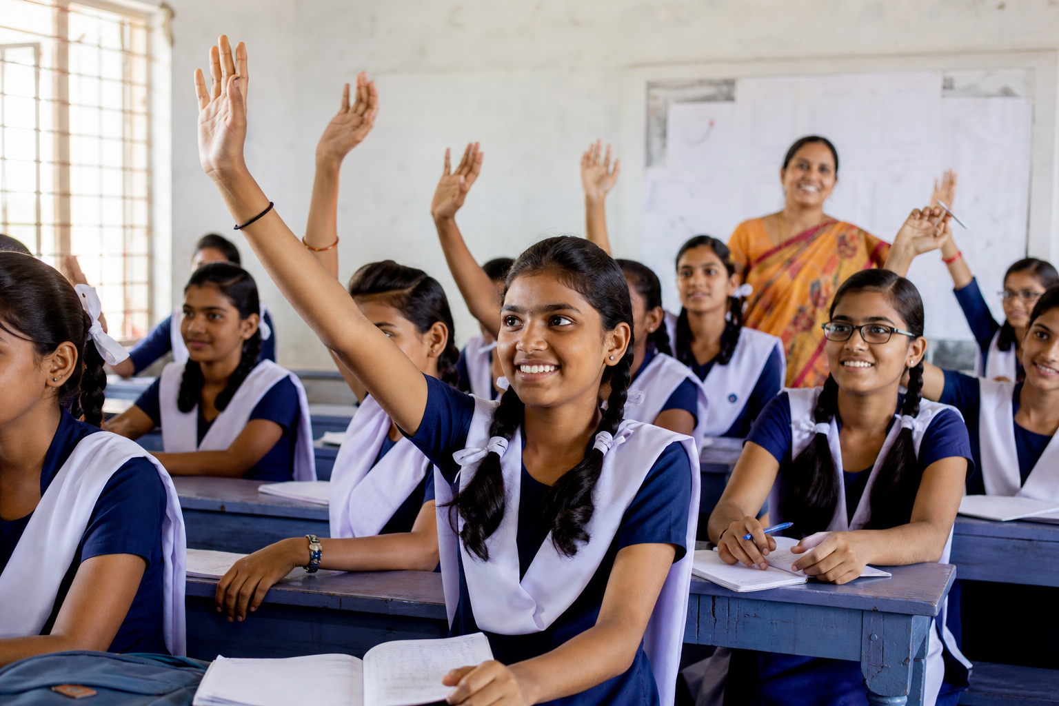Indian schoolgirls participating in class