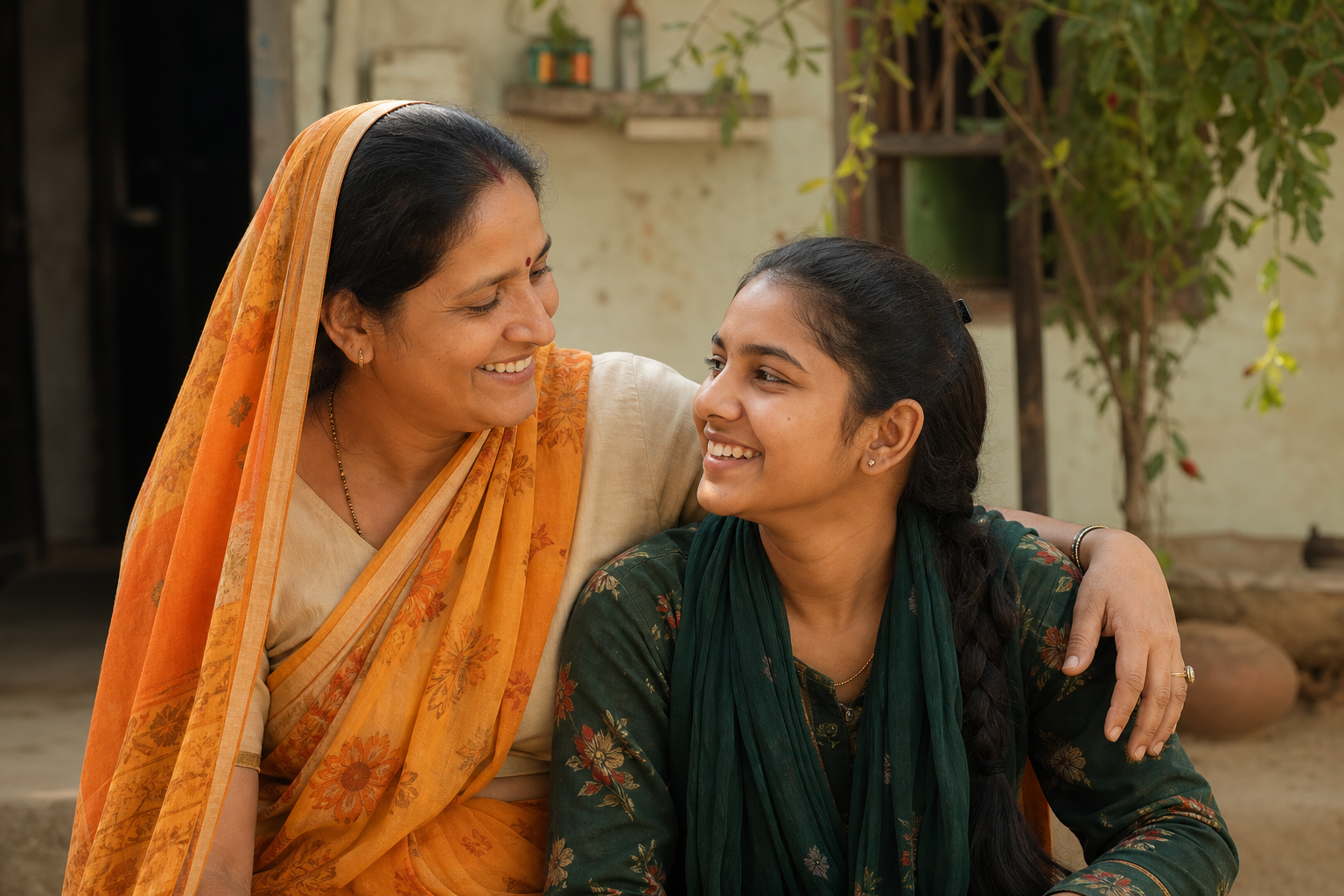 An Indian mother and her daughter sharing a joyful moment